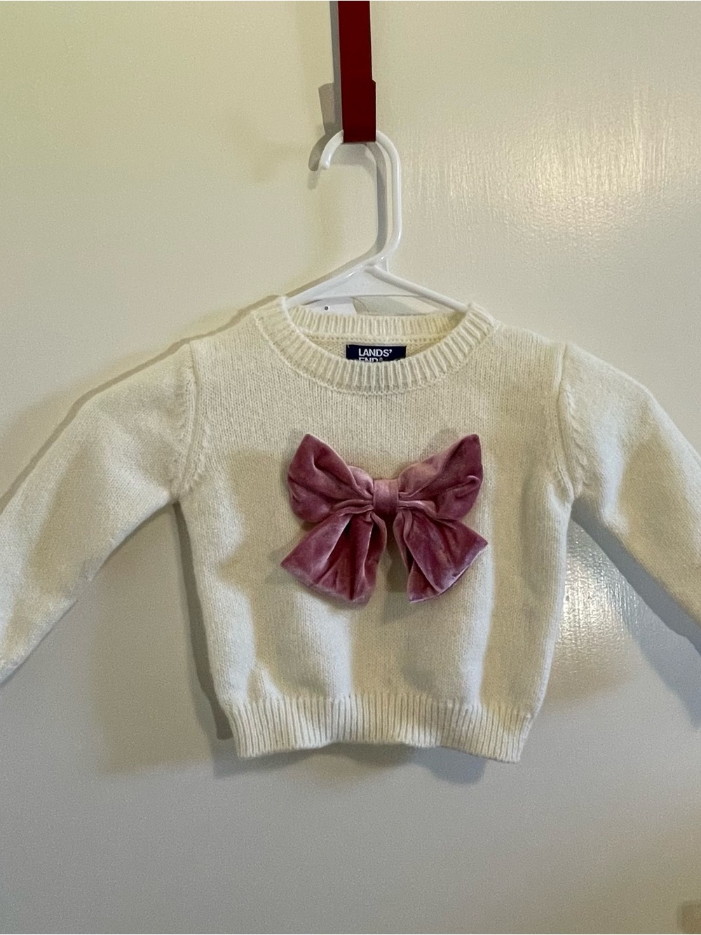 Lands' End Cream Sweater with Pink Velvet Bow